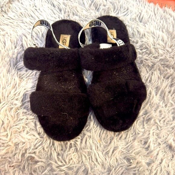 Ugg Fluff Slide Sandals BLACK Belted Ankle Slippers Sz 6 - Picture 4 of 6